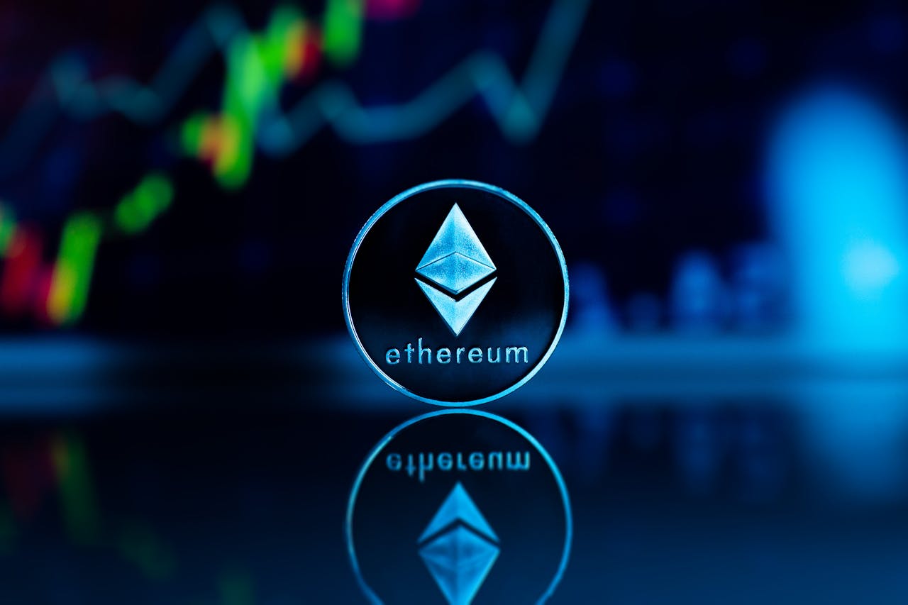 services-02 Ethereum coin with financial graph backdrop, representing cryptocurrency trends and technology.
